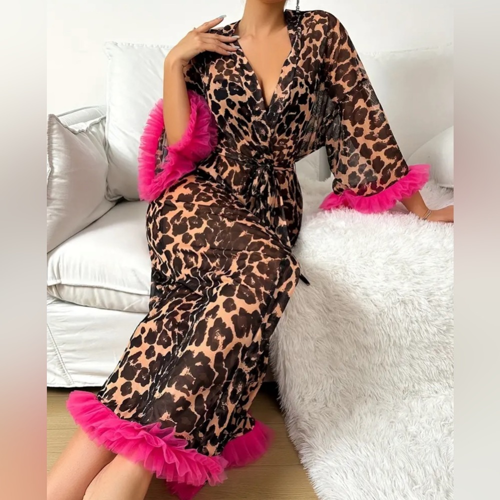 Leopard Print Satin Robe with Hot Pink Trim - Women’s Luxe Sleepwear